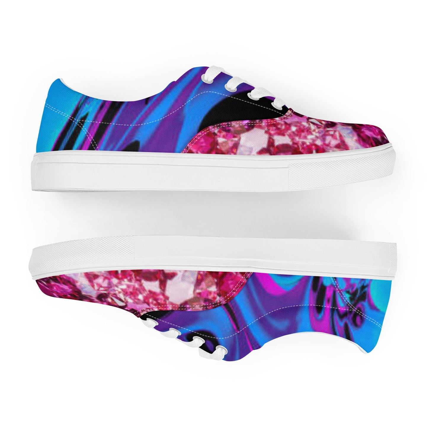 Women’s lace - up canvas shoes, Retro 60,s 70,s Floral Pink Blue Women's Shoes, Casual Flowers Shoes, Cute Springtime Rhinestone Print Shoes - PratSN