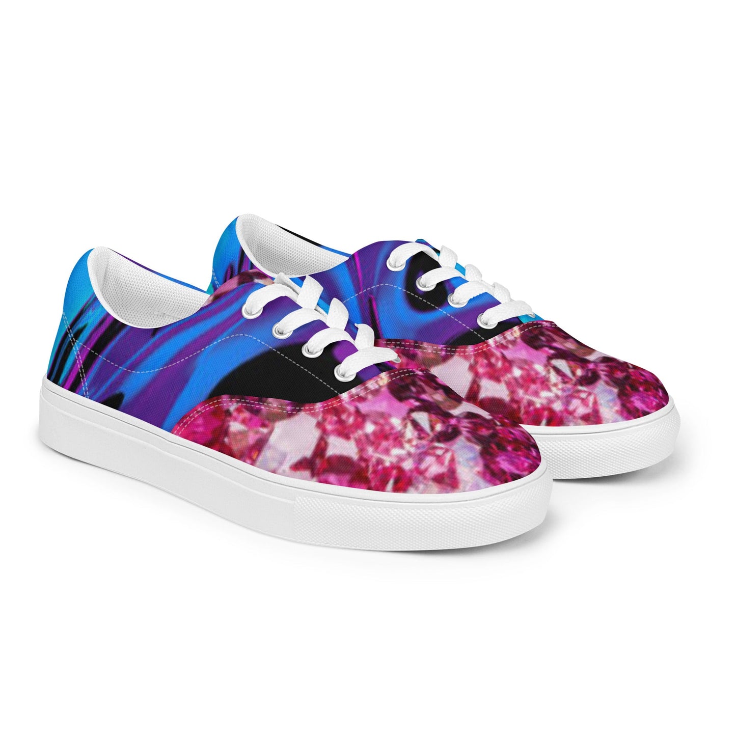 Women’s lace - up canvas shoes, Retro 60,s 70,s Floral Pink Blue Women's Shoes, Casual Flowers Shoes, Cute Springtime Rhinestone Print Shoes - PratSN