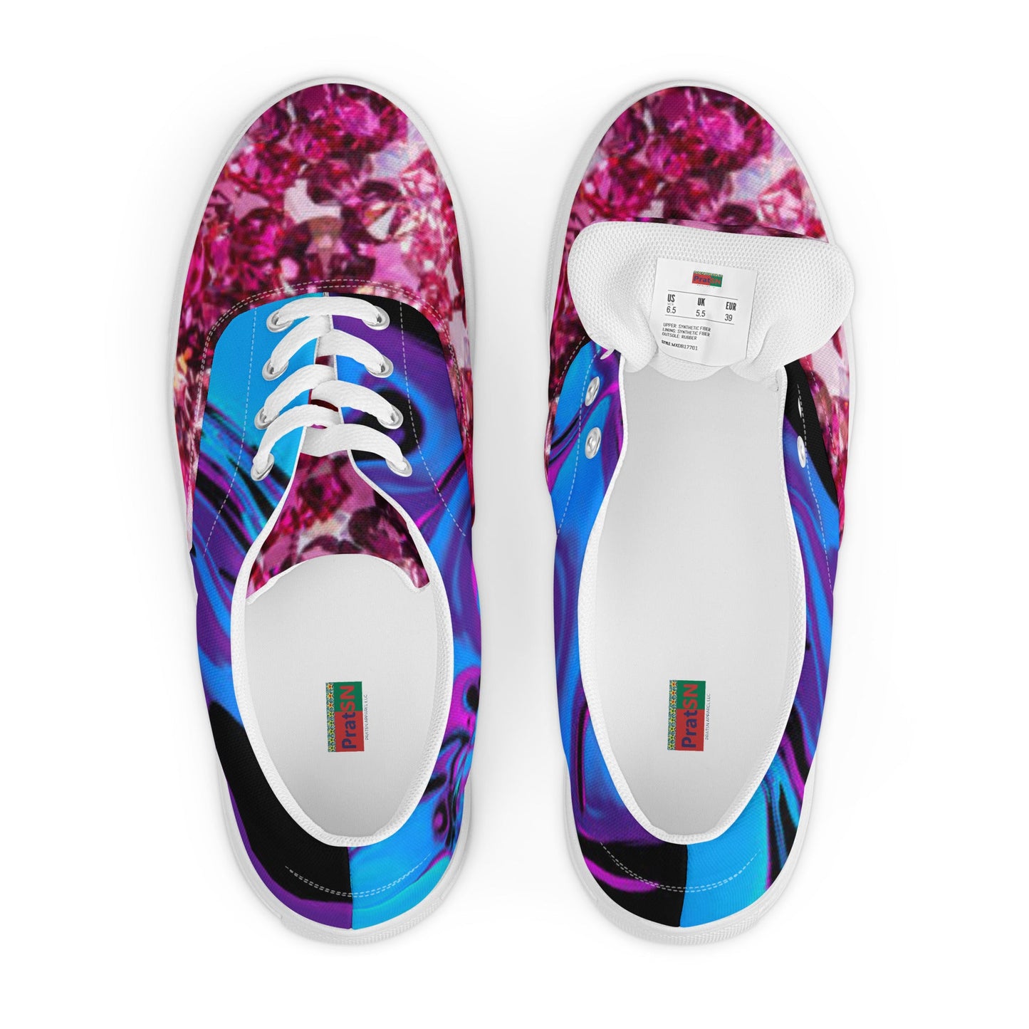 Women’s lace - up canvas shoes, Retro 60,s 70,s Floral Pink Blue Women's Shoes, Casual Flowers Shoes, Cute Springtime Rhinestone Print Shoes - PratSN