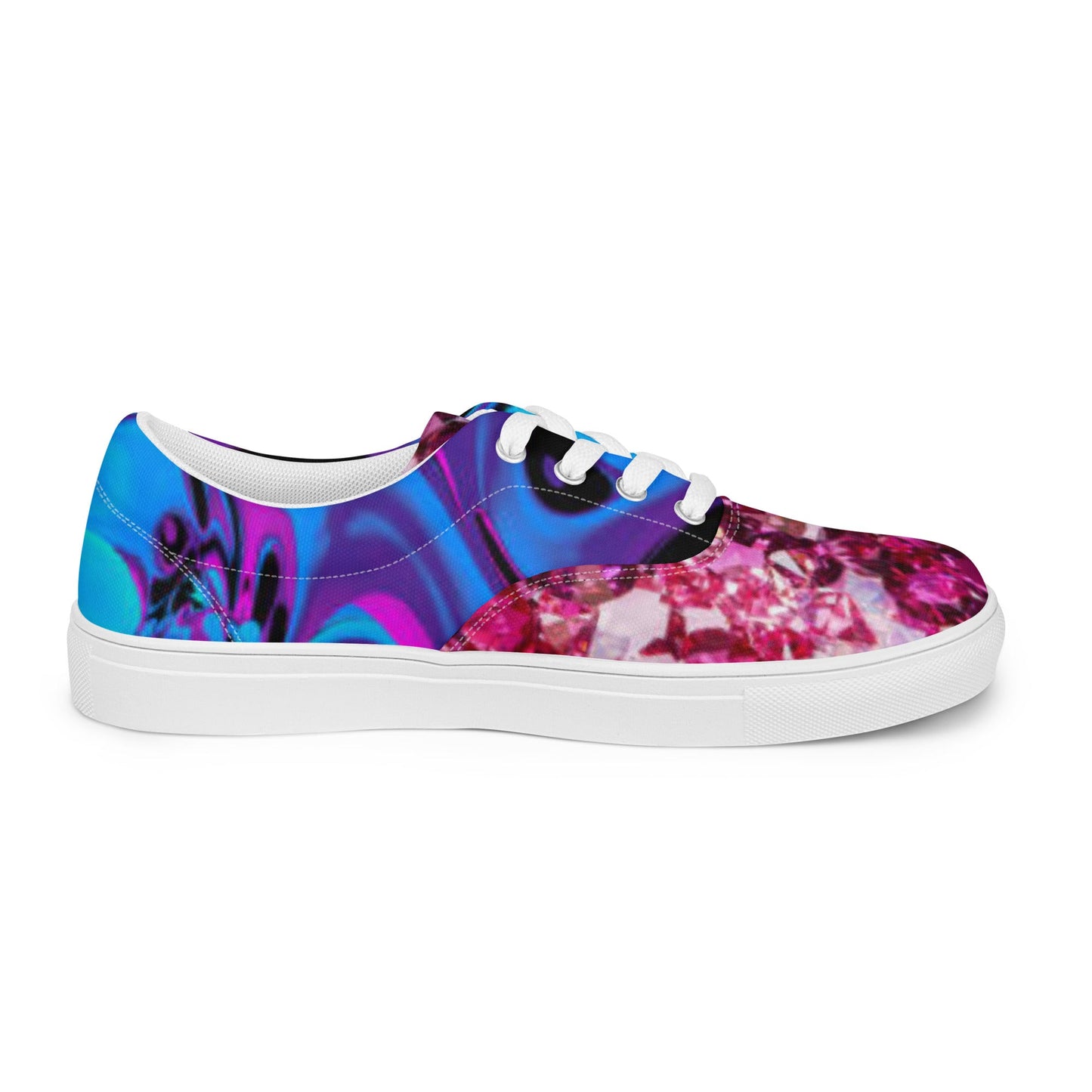 Women’s lace - up canvas shoes, Retro 60,s 70,s Floral Pink Blue Women's Shoes, Casual Flowers Shoes, Cute Springtime Rhinestone Print Shoes - PratSN