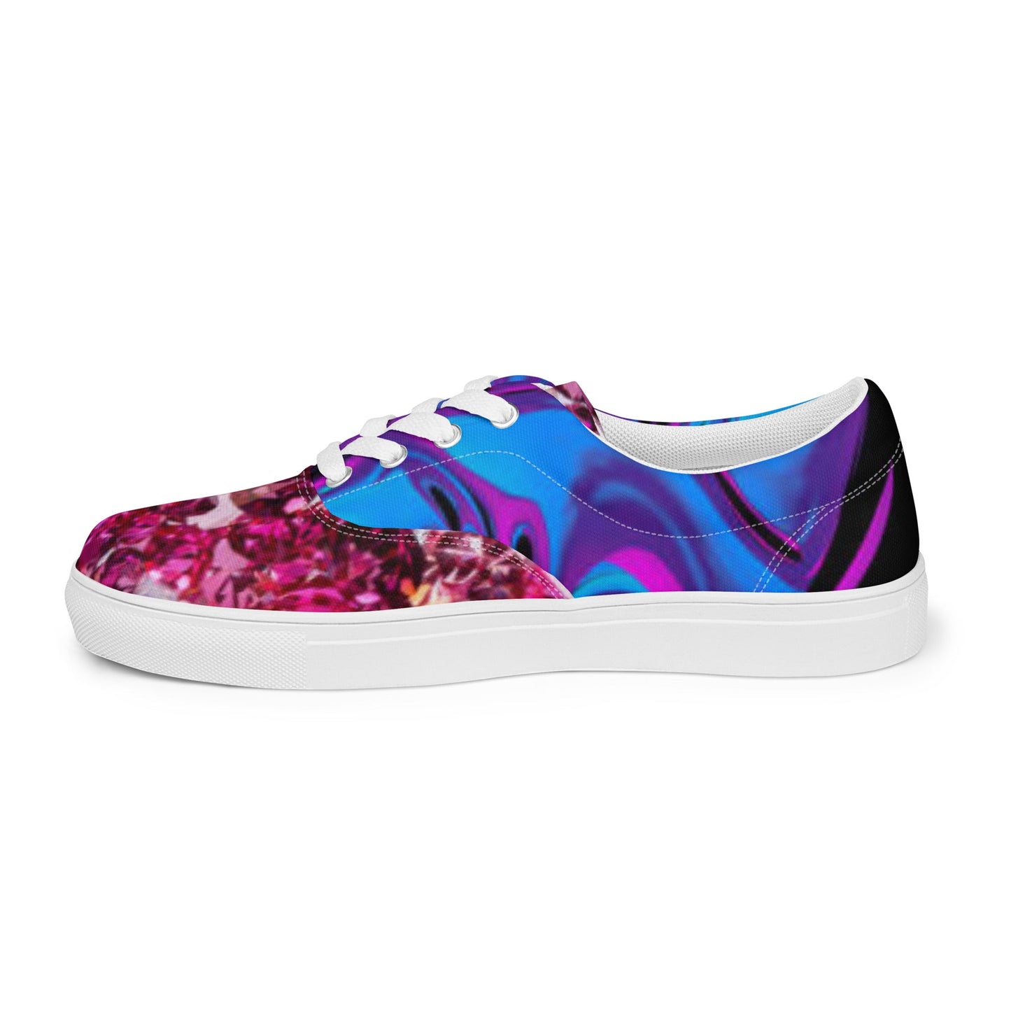 Women’s lace - up canvas shoes, Retro 60,s 70,s Floral Pink Blue Women's Shoes, Casual Flowers Shoes, Cute Springtime Rhinestone Print Shoes - PratSN