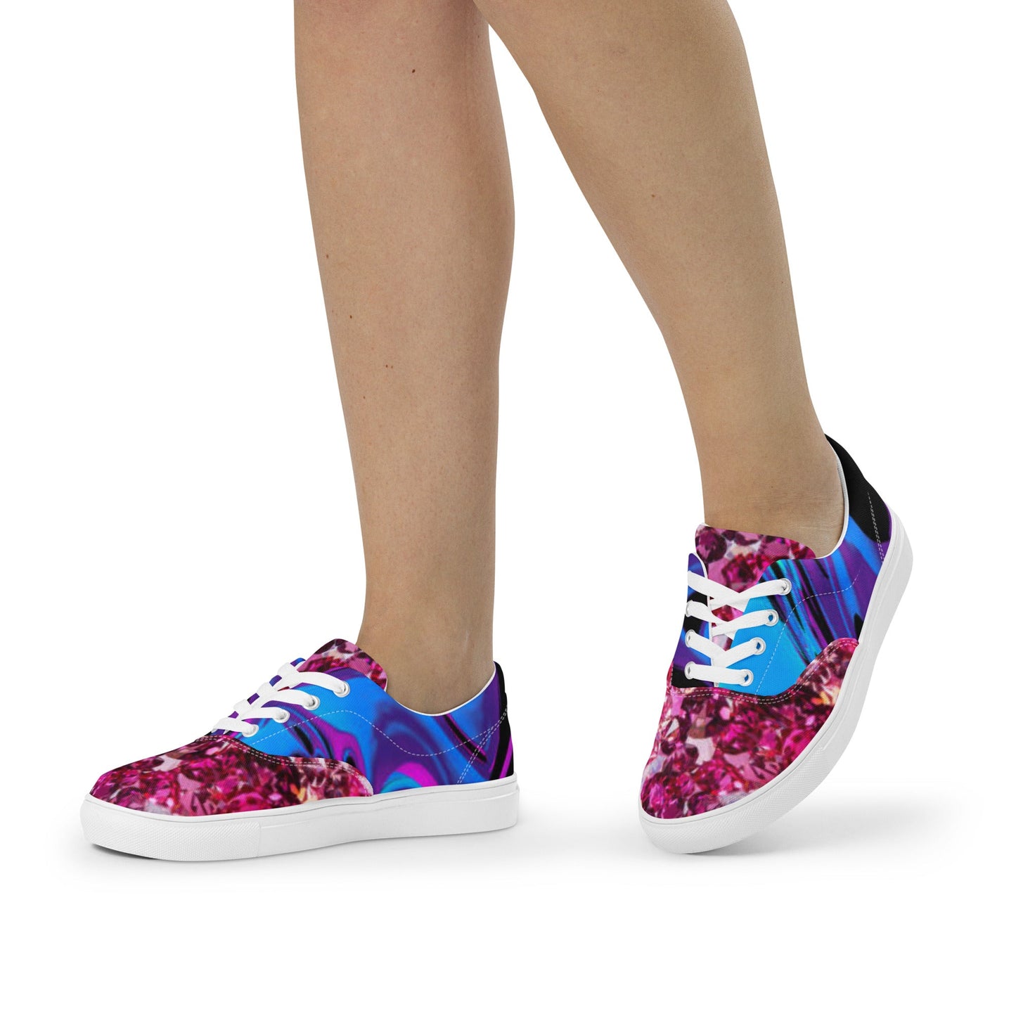 Women’s lace - up canvas shoes, Retro 60,s 70,s Floral Pink Blue Women's Shoes, Casual Flowers Shoes, Cute Springtime Rhinestone Print Shoes - PratSN