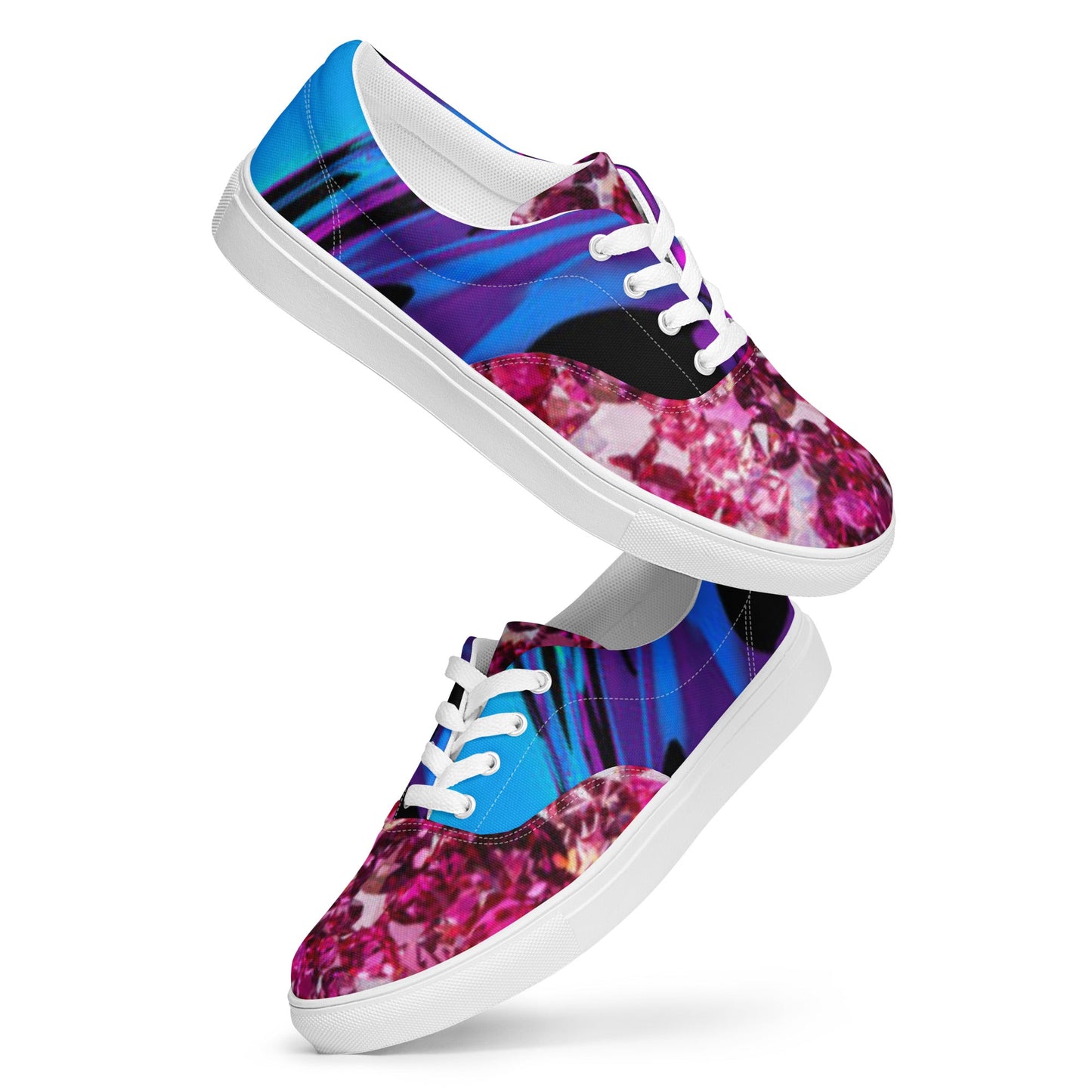Women’s lace - up canvas shoes, Retro 60,s 70,s Floral Pink Blue Women's Shoes, Casual Flowers Shoes, Cute Springtime Rhinestone Print Shoes - PratSN