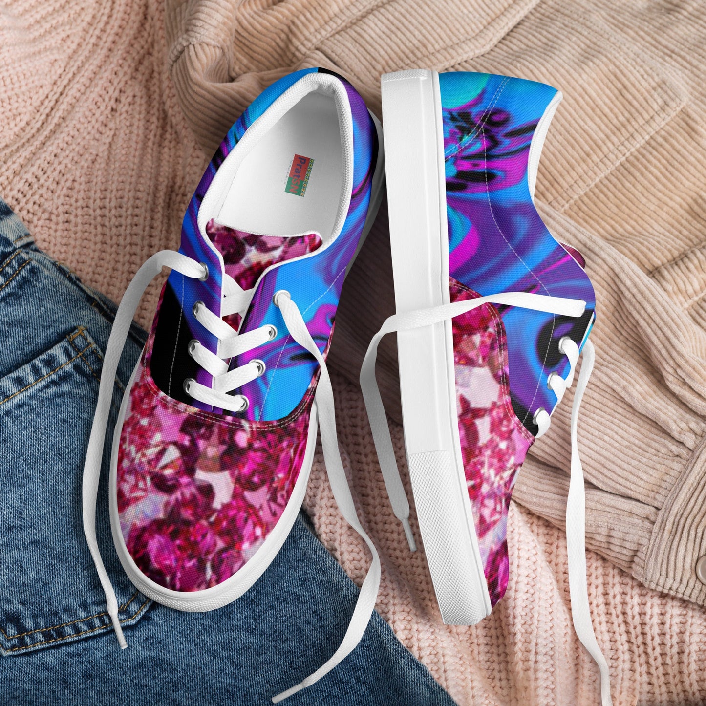 Women’s lace - up canvas shoes, Retro 60,s 70,s Floral Pink Blue Women's Shoes, Casual Flowers Shoes, Cute Springtime Rhinestone Print Shoes - PratSN