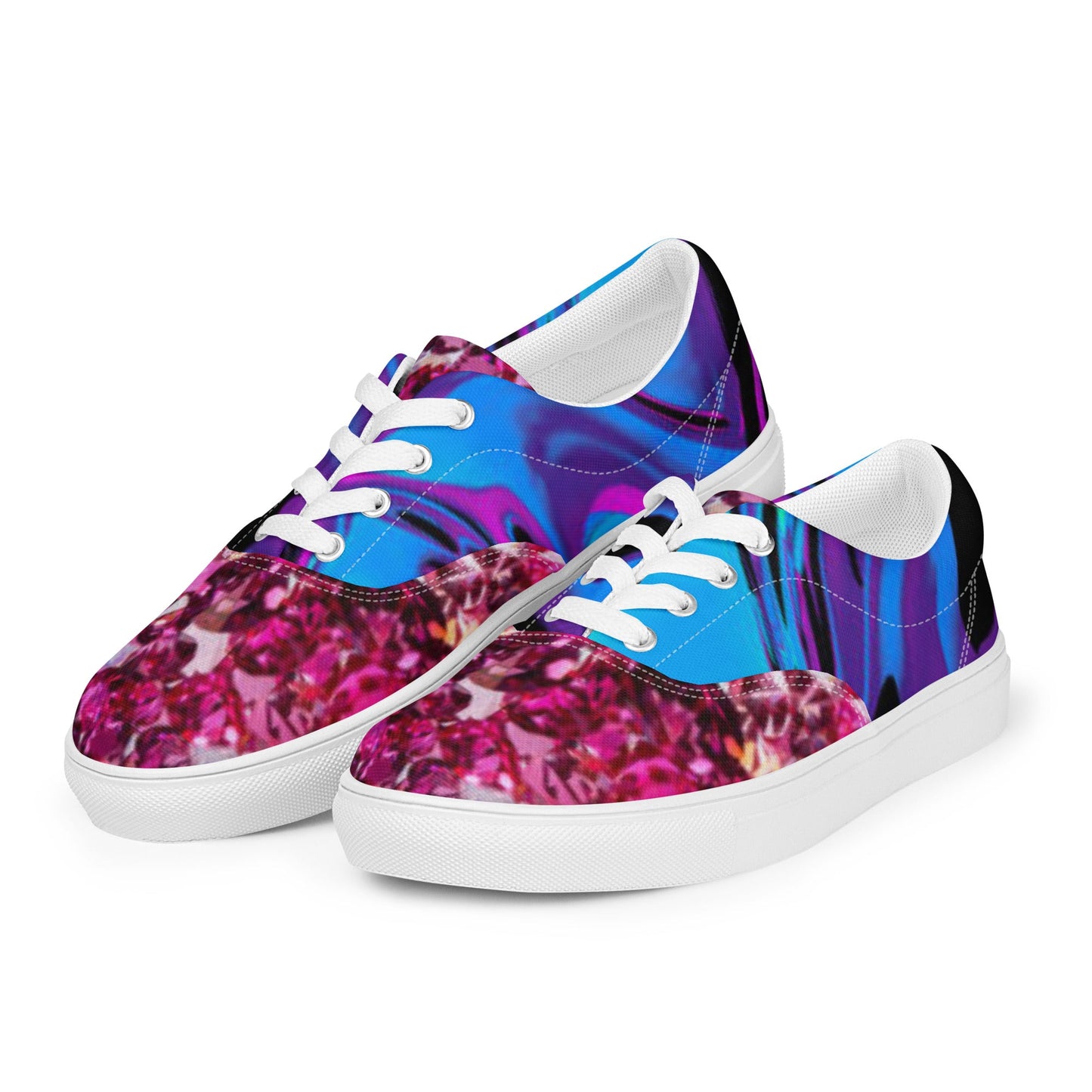 Women’s lace - up canvas shoes, Retro 60,s 70,s Floral Pink Blue Women's Shoes, Casual Flowers Shoes, Cute Springtime Rhinestone Print Shoes - PratSN
