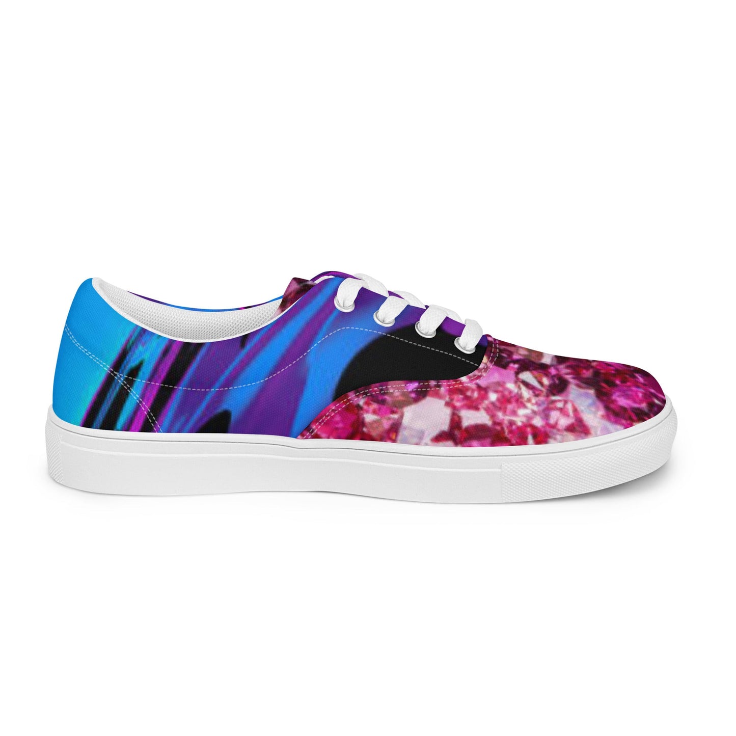 Women’s lace - up canvas shoes, Retro 60,s 70,s Floral Pink Blue Women's Shoes, Casual Flowers Shoes, Cute Springtime Rhinestone Print Shoes - PratSN
