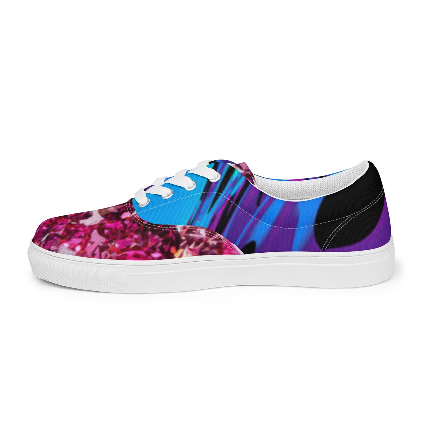 Women’s lace - up canvas shoes, Retro 60,s 70,s Floral Pink Blue Women's Shoes, Casual Flowers Shoes, Cute Springtime Rhinestone Print Shoes - PratSN