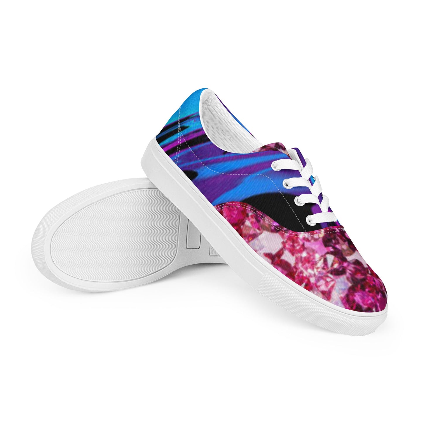 Women’s lace - up canvas shoes, Retro 60,s 70,s Floral Pink Blue Women's Shoes, Casual Flowers Shoes, Cute Springtime Rhinestone Print Shoes - PratSN