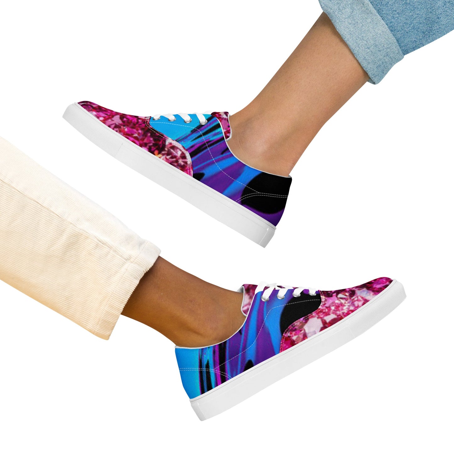 Women’s lace - up canvas shoes, Retro 60,s 70,s Floral Pink Blue Women's Shoes, Casual Flowers Shoes, Cute Springtime Rhinestone Print Shoes - PratSN