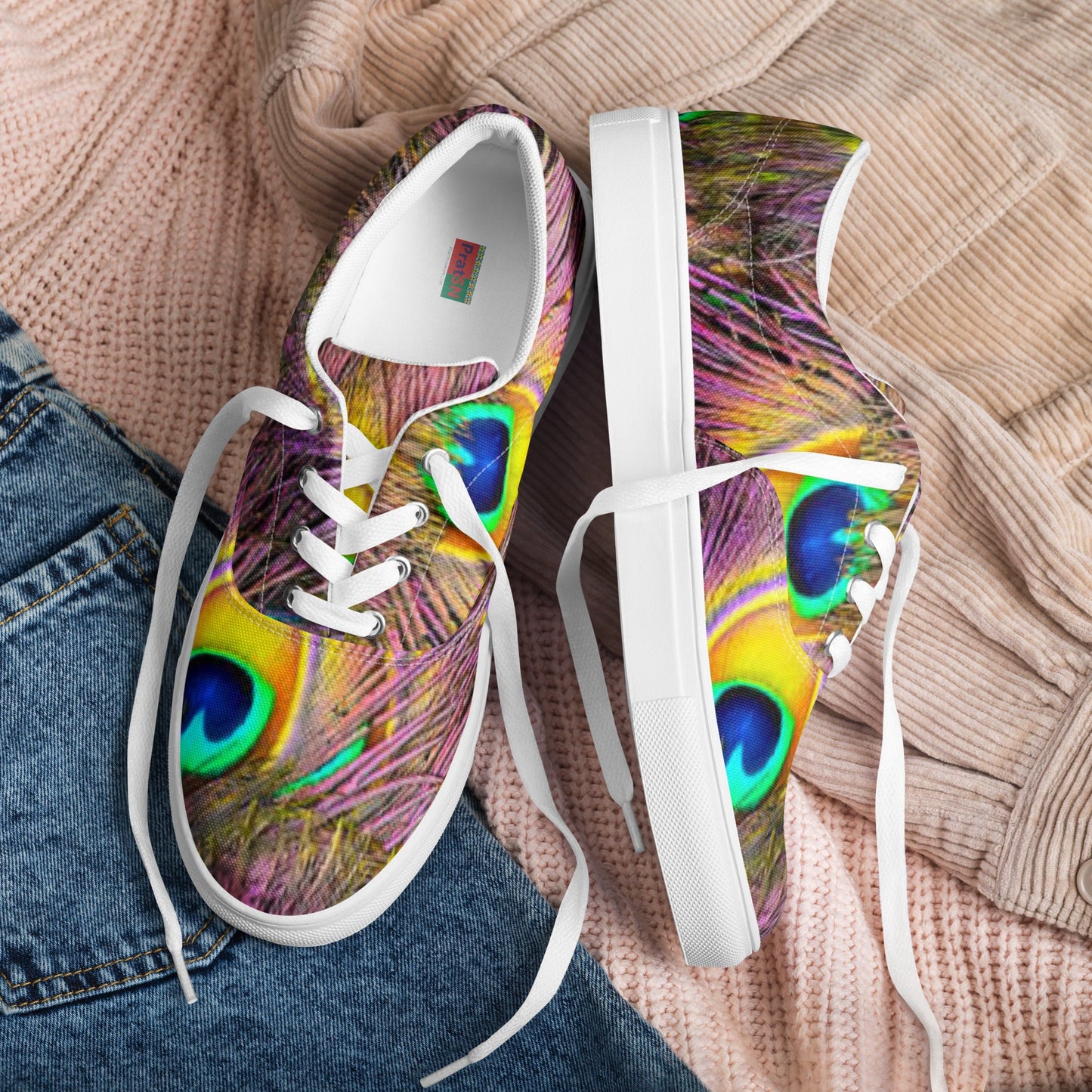 Women’s lace - up canvas shoes, Sneakers, Women's Athletic Footwear, Peacock Pattern, Tropical Print Workout Shoes, Bright Gym Shoes Animals Print Shoes - PratSN