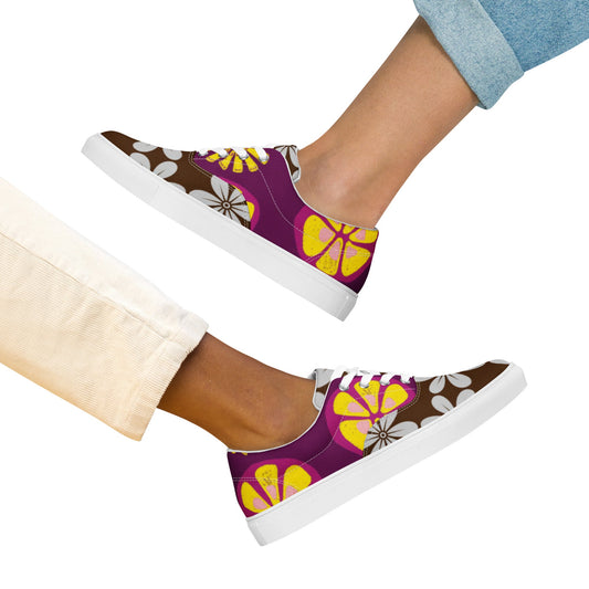 Women’s lace - up canvas shoes White Pink Brown Shoes, Floral Shoes, Floral Pattern Cute Summer and Springtime Shoes - PratSN