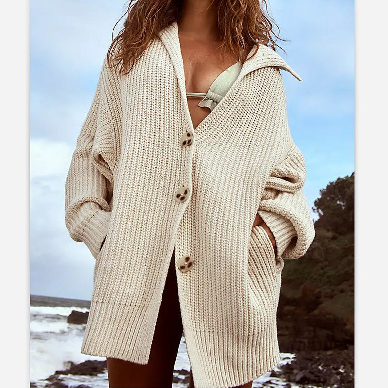 Women's Lapel Pocket Knitted Cardigan Button Mid - length Coat - PratSN