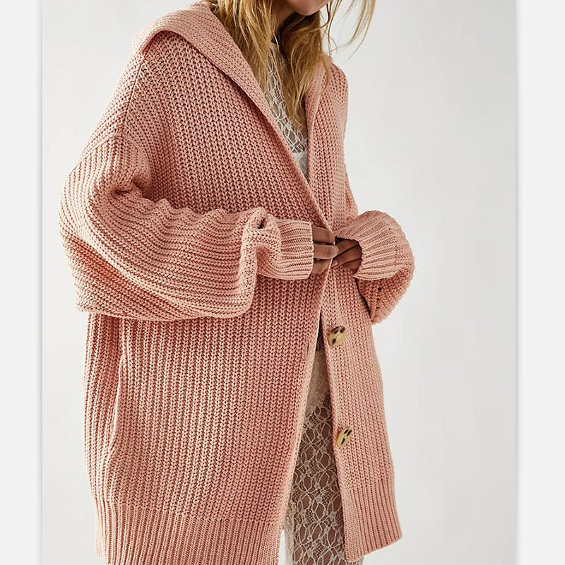 Women's Lapel Pocket Knitted Cardigan Button Mid - length Coat - PratSN