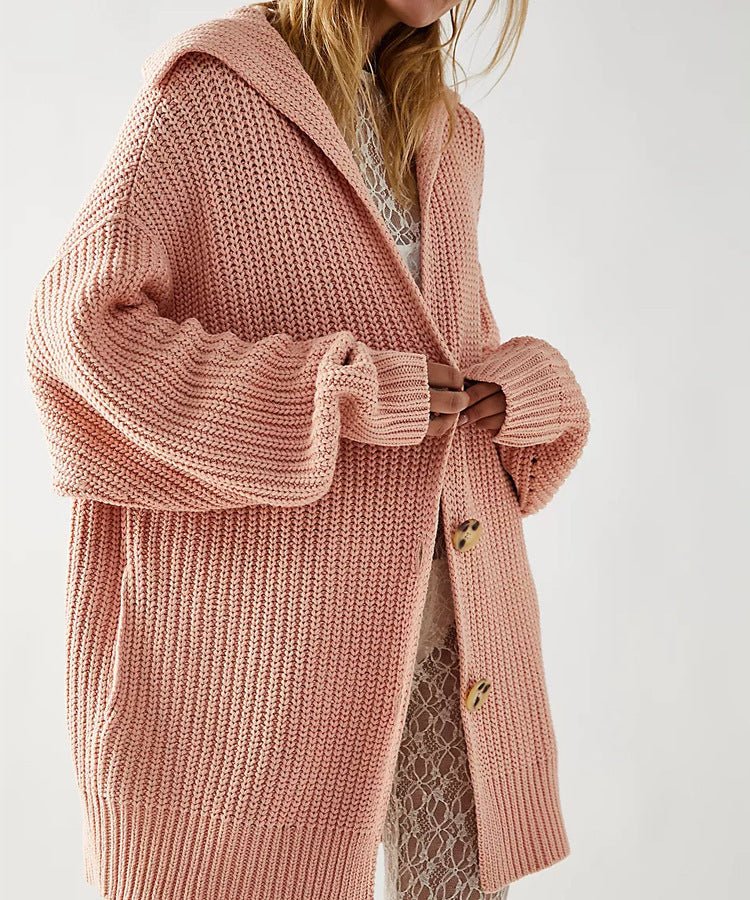 Women's Lapel Pocket Knitted Cardigan Button Mid - length Coat - PratSN