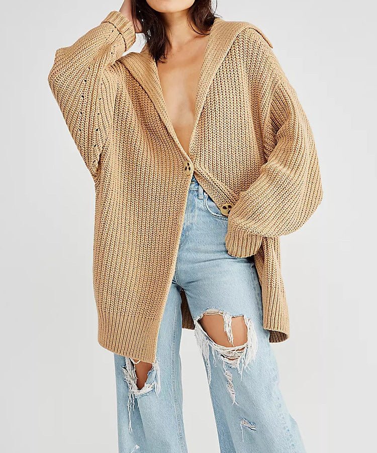 Women's Lapel Pocket Knitted Cardigan Button Mid - length Coat - PratSN