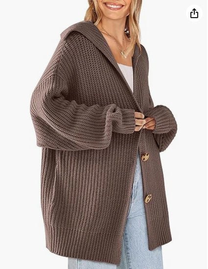 Women's Lapel Pocket Knitted Cardigan Button Mid - length Coat - PratSN
