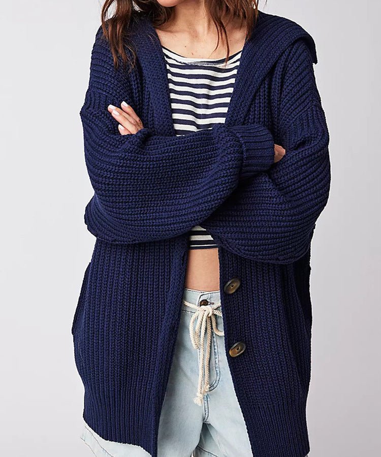 Women's Lapel Pocket Knitted Cardigan Button Mid - length Coat - PratSN
