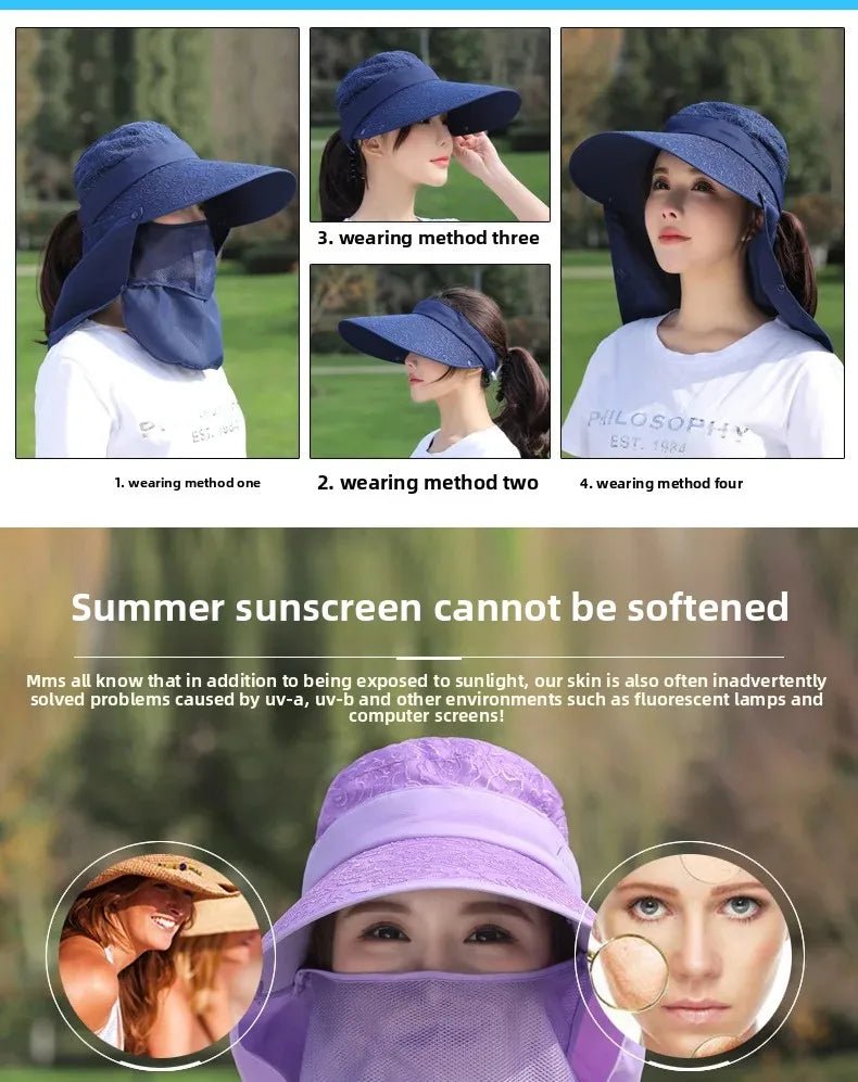 Women's Large Brim Sun Hat Face Covering Cycling Hat UV Protection Summer Sunshade Tea Picking Cap Multi - Functional Hat - PratSN