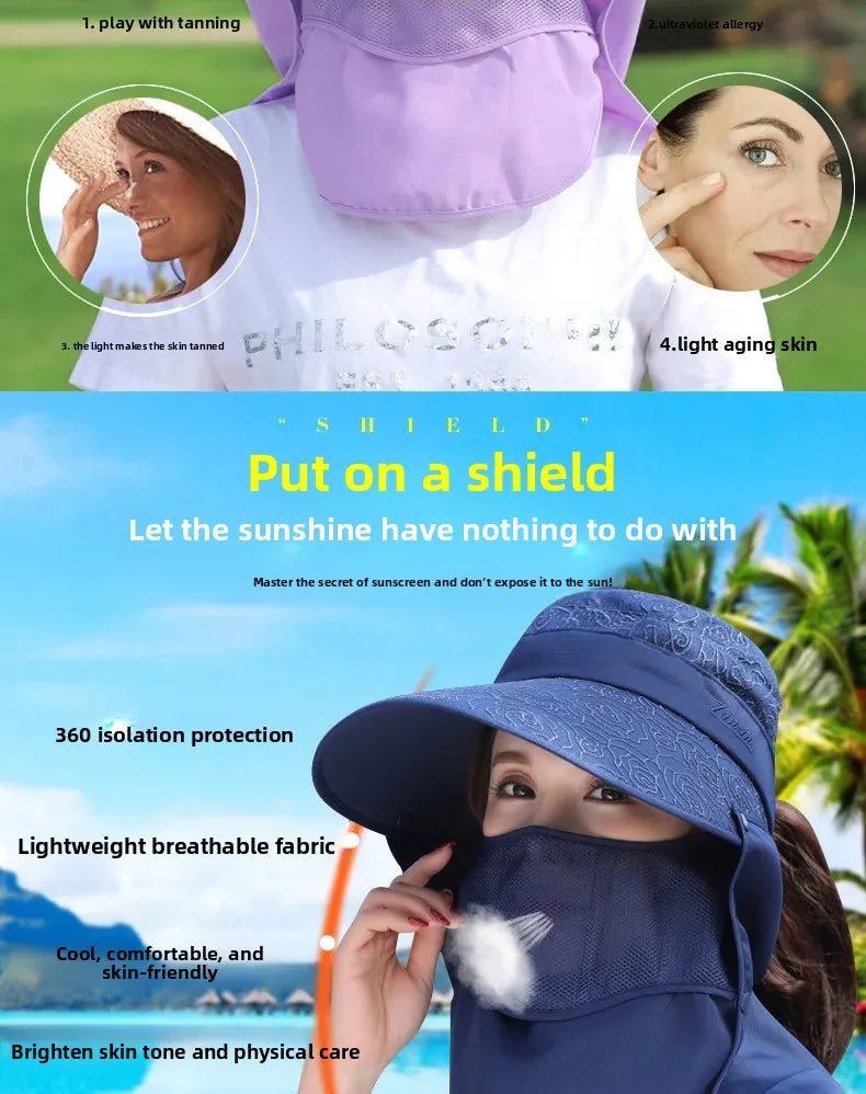 Women's Large Brim Sun Hat Face Covering Cycling Hat UV Protection Summer Sunshade Tea Picking Cap Multi - Functional Hat - PratSN
