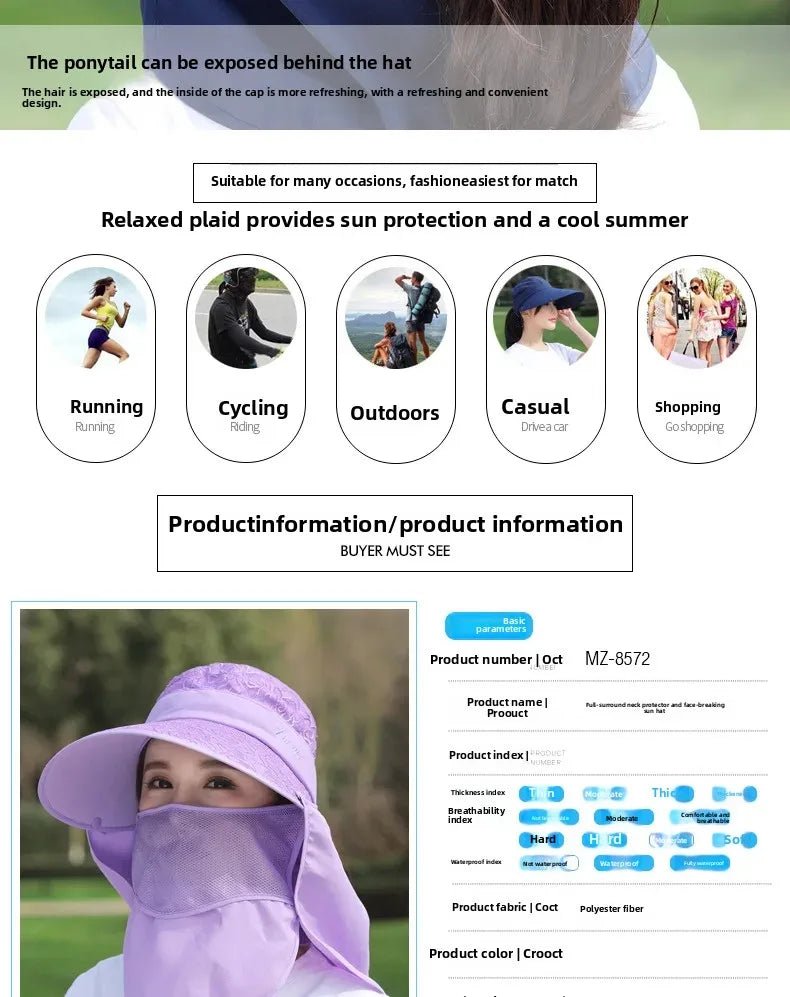 Women's Large Brim Sun Hat Face Covering Cycling Hat UV Protection Summer Sunshade Tea Picking Cap Multi - Functional Hat - PratSN