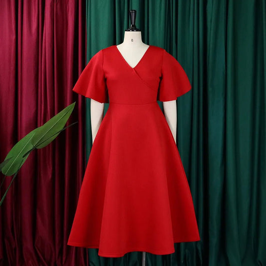 Women's Latest Design Flare Sleeve V - neck Fashion a Line Party Dresses Women Evening Dresses Women Lady Elegant Dress - PratSN