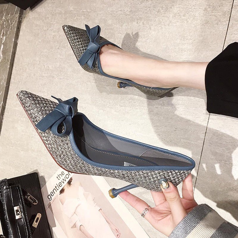 Women's Leather Bow Stiletto Pointed High Heels - PratSN