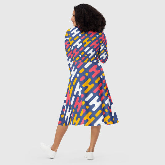 Women's long sleeve midi dress, Multicolor dress for summer, long sleeve midi dress with Pockets, Geometric Pattern Long dress - PratSN