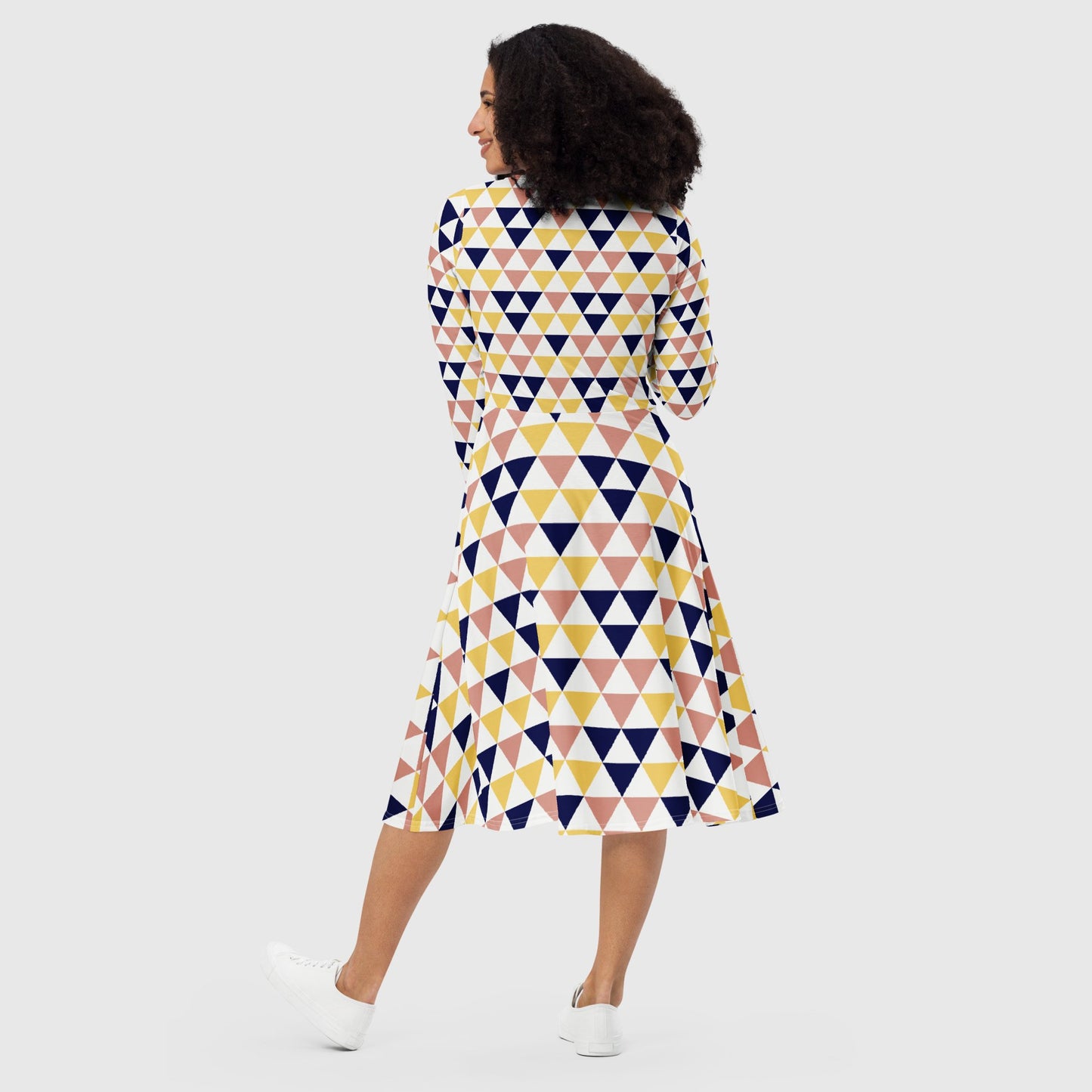 Women's long sleeve midi dress, Navy blue, amber, white and light pink midi dress, Geometric pattern midi dress, multicolor midi dress for summer and spring - PratSN
