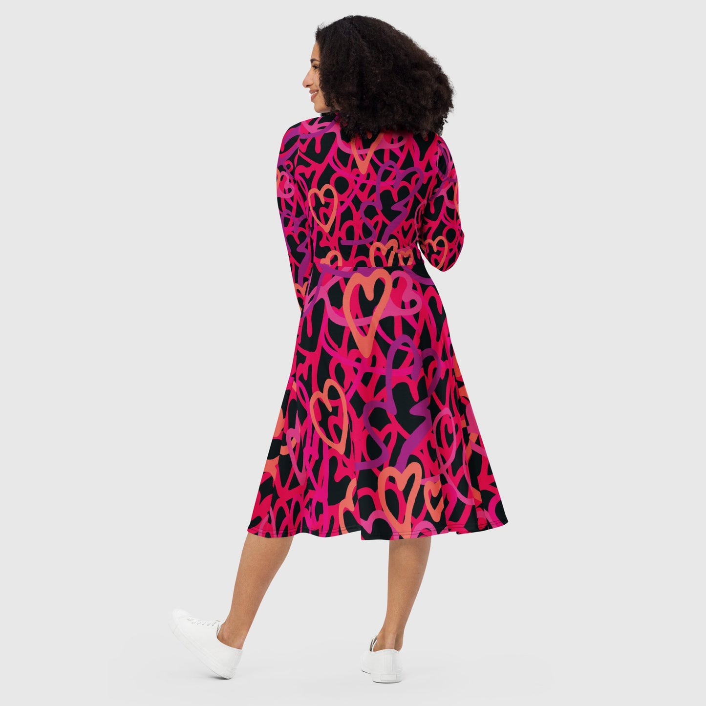 Women's long sleeve midi dress, Pink - red - black midi dress, Abstract pattern midi dress, Heart pattern multicolor midi dress for summer and spring - PratSN