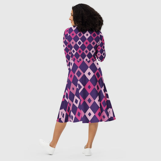 Women's long sleeve midi dress, Purple dress for summer, long sleeve midi dress with Pockets, Geometric Pattern Long dress - PratSN