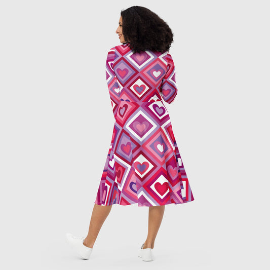 Women's long sleeve midi dress, Women's Summer dress, long sleeve midi dress with Pockets, Geometric & Heart Pattern Long dress - PratSN