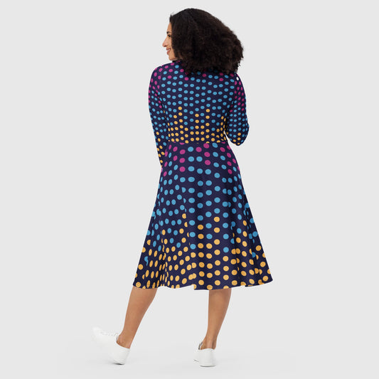 Women's long sleeve midi dress, Women's Summer dress, Navy and Sky Blue and Pink midi dress, long sleeve midi dress with Pockets, Polka Pattern Long dress - PratSN