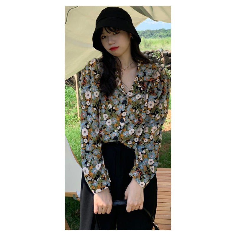 Women's Long - Sleeved Shirt With Retro Flower Shirt With Suit Collar - PratSN