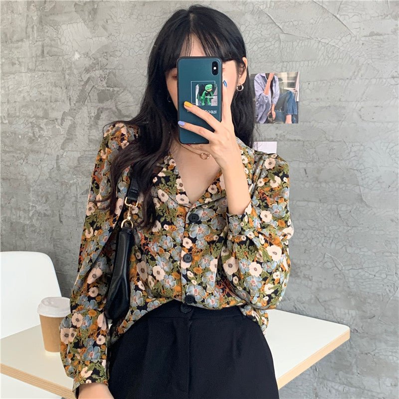 Women's Long - Sleeved Shirt With Retro Flower Shirt With Suit Collar - PratSN