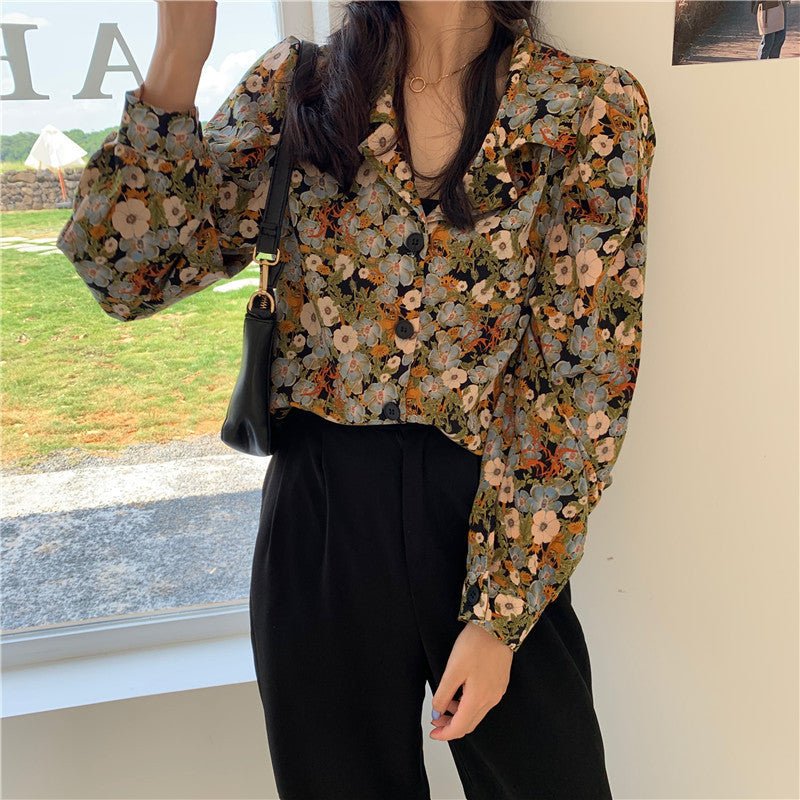 Women's Long - Sleeved Shirt With Retro Flower Shirt With Suit Collar - PratSN