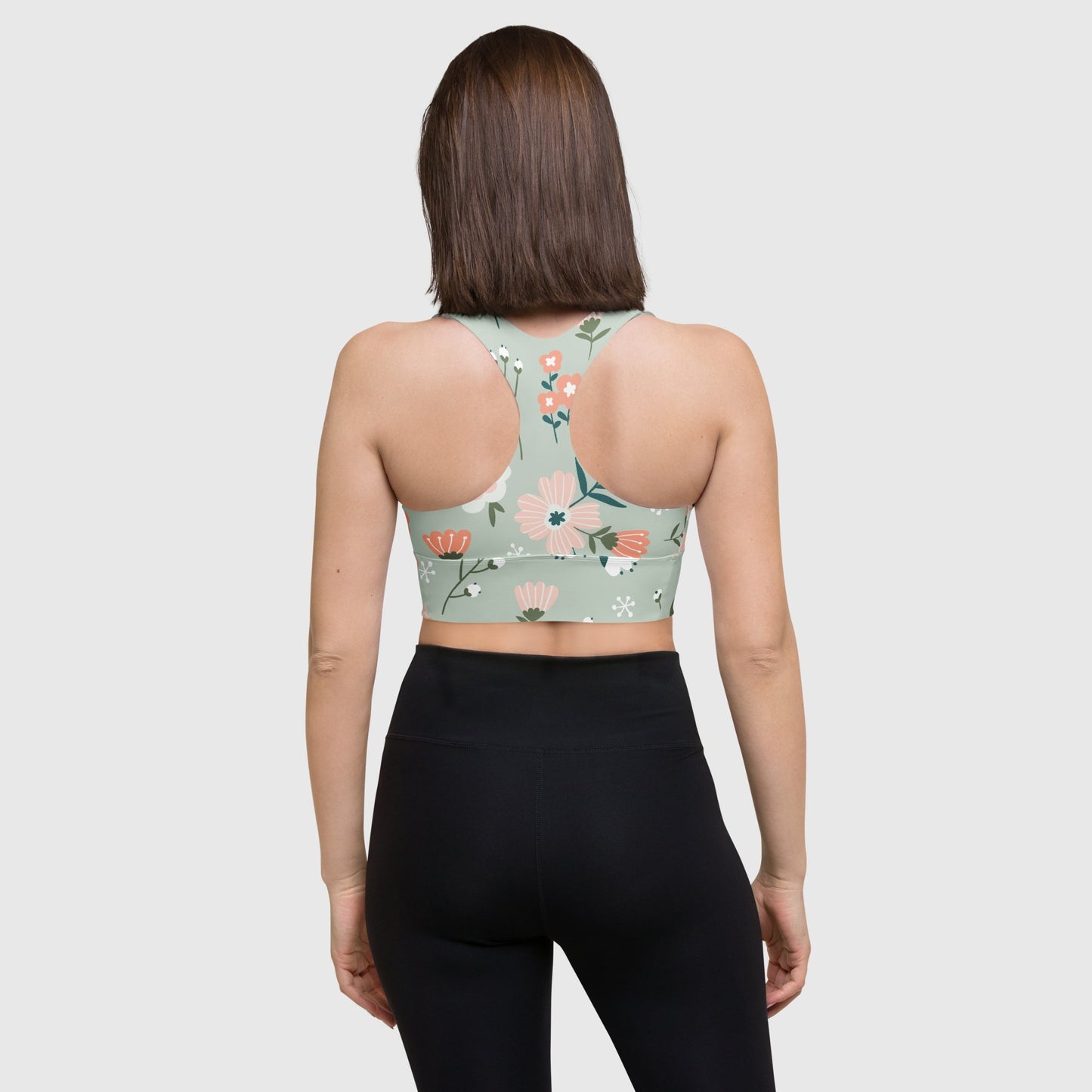 Women's longline sports bra, sports bra, Light green color bra, Floral pattern fitness dress - PratSN