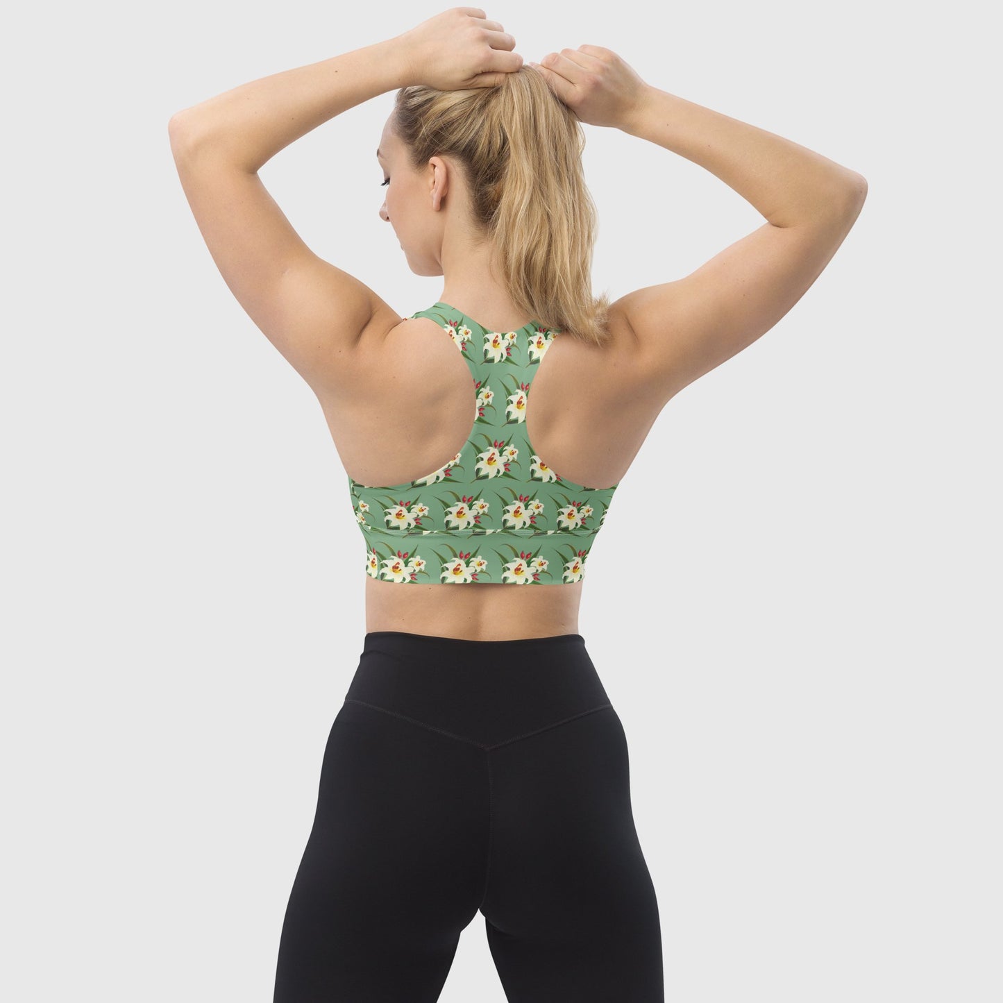 Women's longline sports bra, sports bra, Light green - white - pink color bra, Blooming pattern fitness dress - PratSN