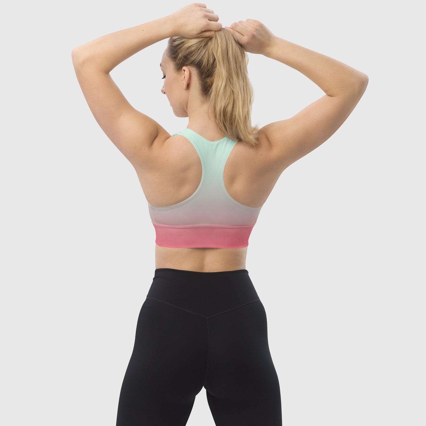 Women's longline sports bra, sports bra, White to pink color bra, Gradient pattern fitness dress - PratSN