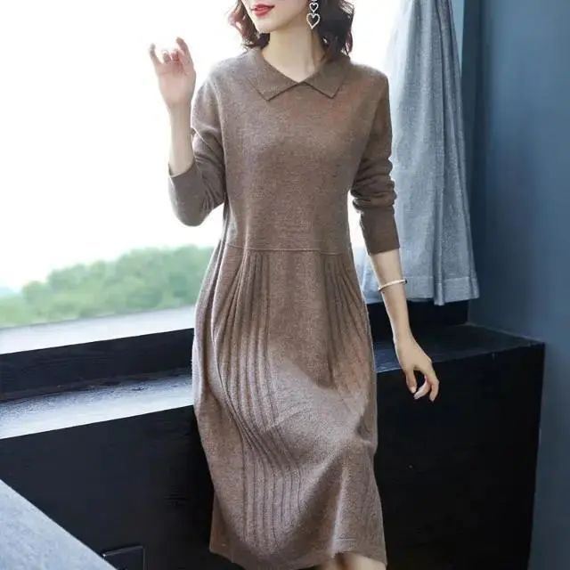 women's Loose Slimming Mid - length Knitted Long Sleeve Sweater Dress - PratSN