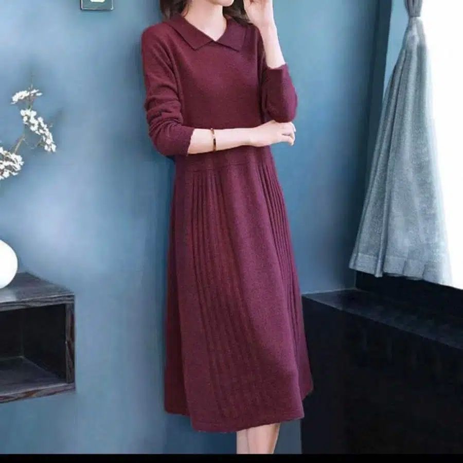 women's Loose Slimming Mid - length Knitted Long Sleeve Sweater Dress - PratSN
