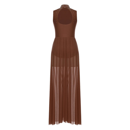 Womens Lyrical Dance Dresses Mock Neck Wide Hemline Shiny Rhinestones Maxi Dress Sleeveless Modern Contemporary Leotard Dresses - PratSN