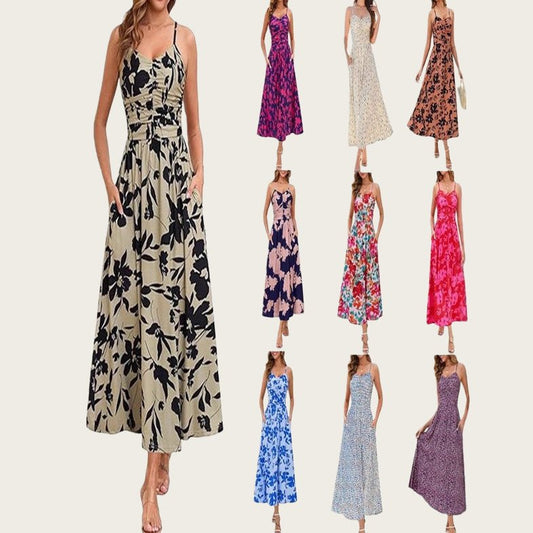 Women's Midi Elegant Pleated Floral Pocket Dress - PratSN