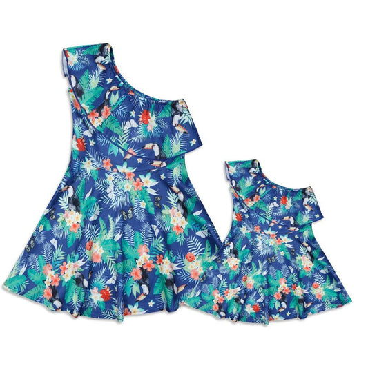 Women's Navy Blue Print Ruffle Dress - PratSN