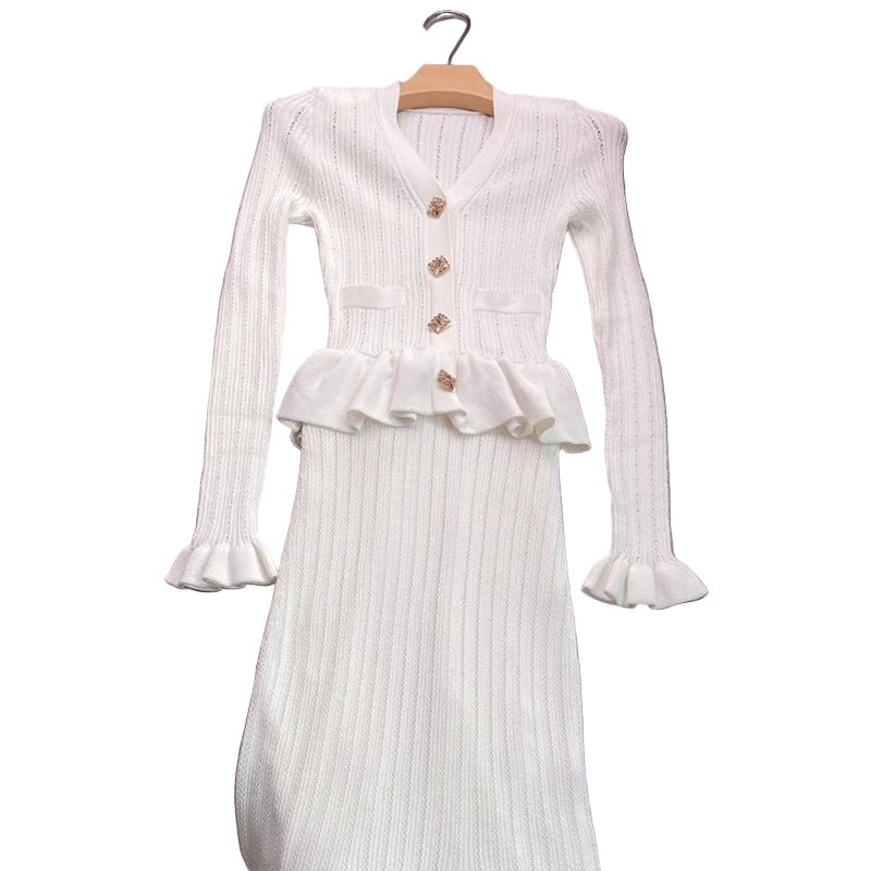 Women's One - piece Knitted Maxi Dress Elegant V - neck Ruffled Slim Waist Bodycon Sweater Dress Party Vestido - PratSN