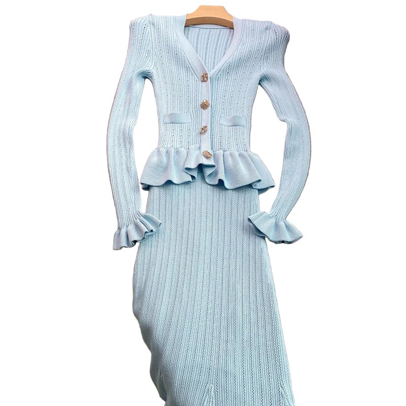Women's One - piece Knitted Maxi Dress Elegant V - neck Ruffled Slim Waist Bodycon Sweater Dress Party Vestido - PratSN