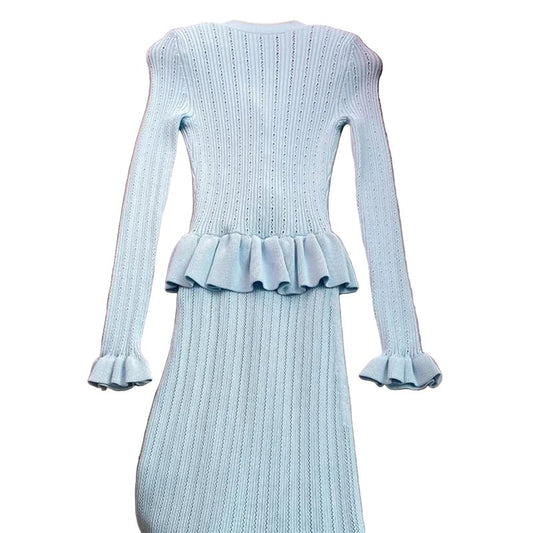 Women's One - piece Knitted Maxi Dress Elegant V - neck Ruffled Slim Waist Bodycon Sweater Dress Party Vestido - PratSN