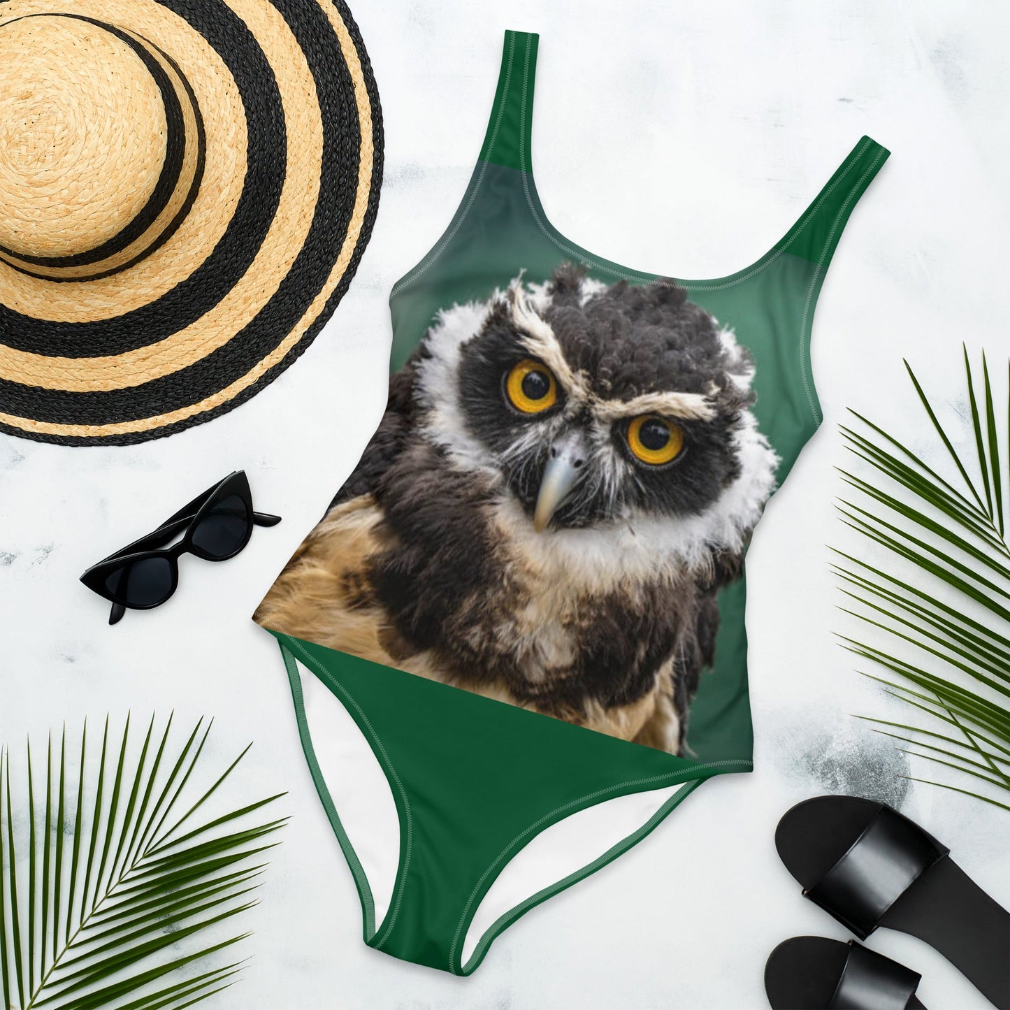 Women's One - Piece Swimsuit, Bird Pattern, Green Black Bathing Suit, vacation swimwear, holiday travel swimwear, mothers day gift - PratSN