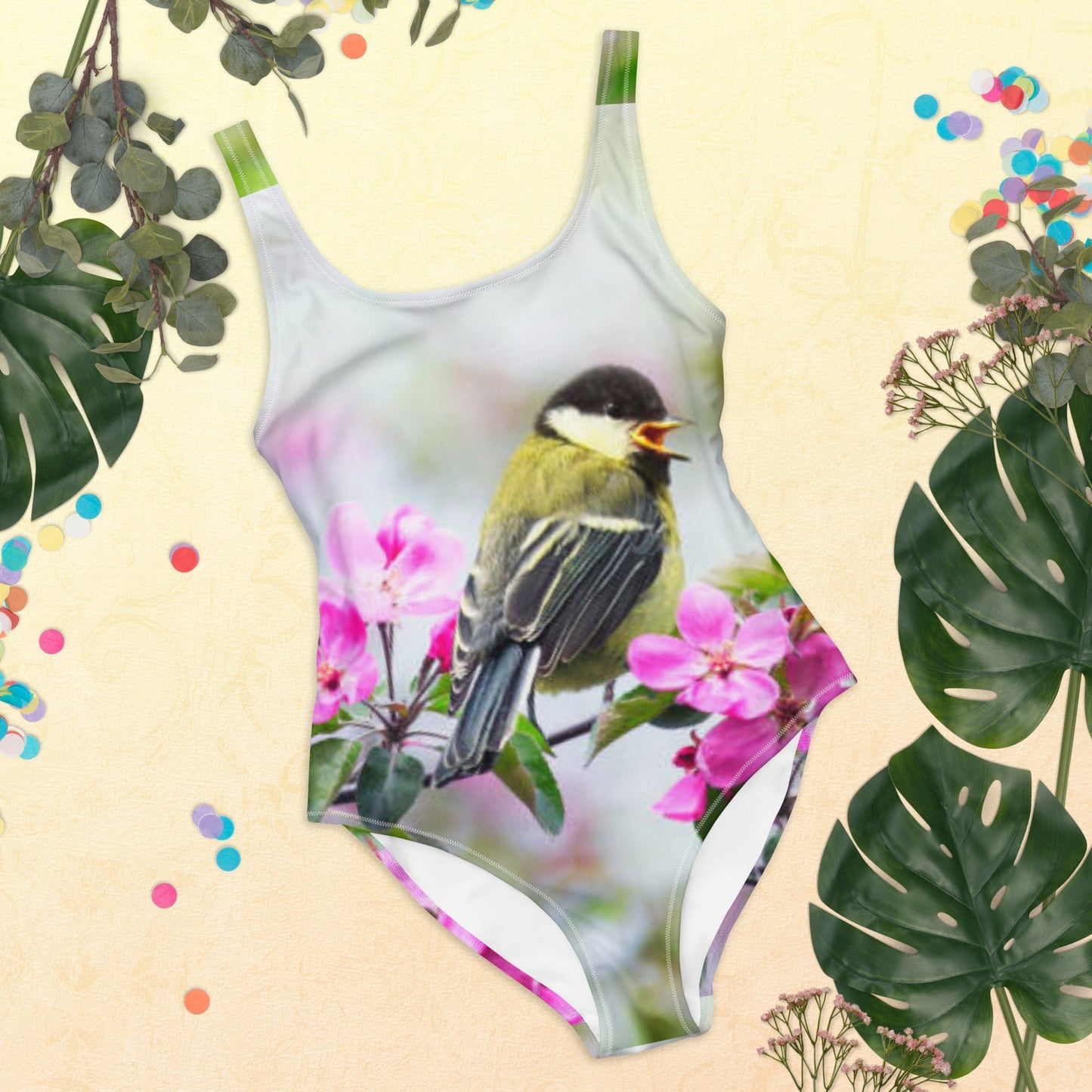 Women's One - Piece Swimsuit, Bird Pattern Swimwear, vacation swimwear, holiday travel swimwear - PratSN