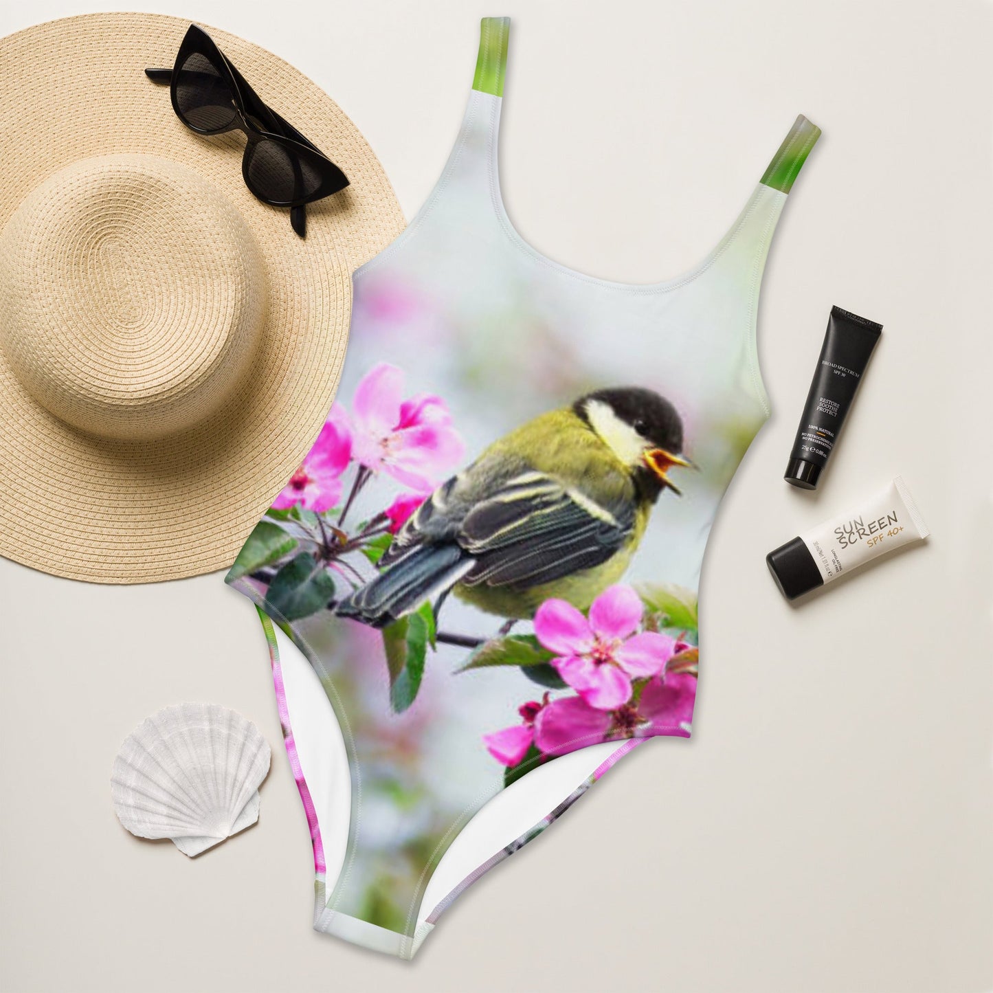 Women's One - Piece Swimsuit, Bird Pattern Swimwear, vacation swimwear, holiday travel swimwear - PratSN