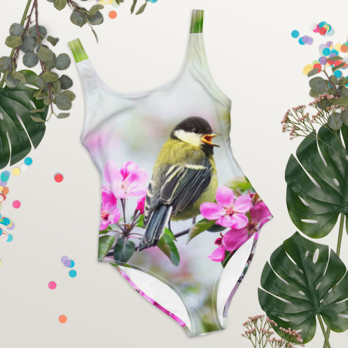 Women's One - Piece Swimsuit, Bird Pattern Swimwear, vacation swimwear, holiday travel swimwear - PratSN